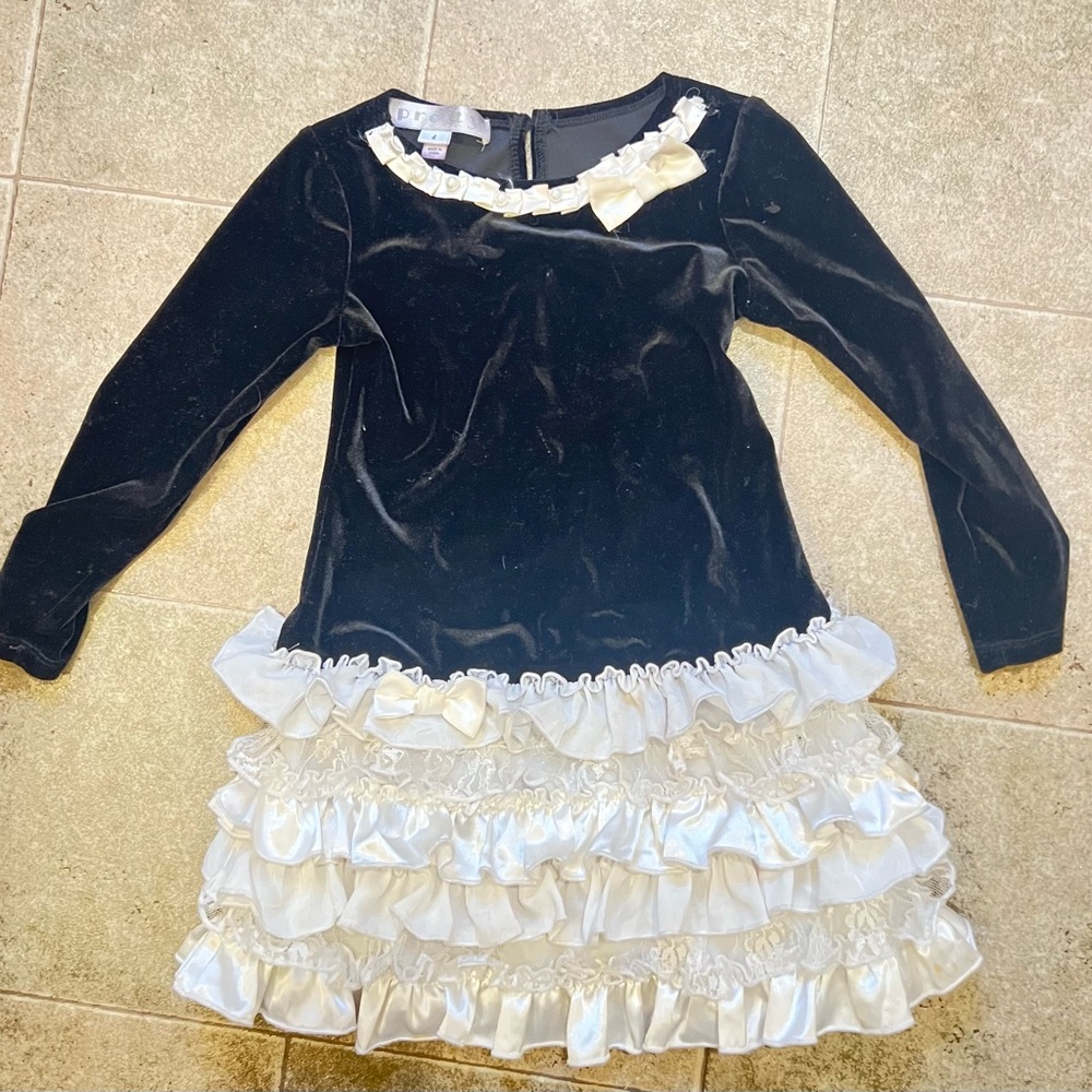 Black Velvet and White Ruffle Kids Dress